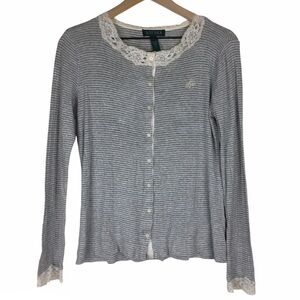 LAUREN RALPH LAUREN Cardigan Top Button Up Stripe Long Sleeve Ribbed Lace Small